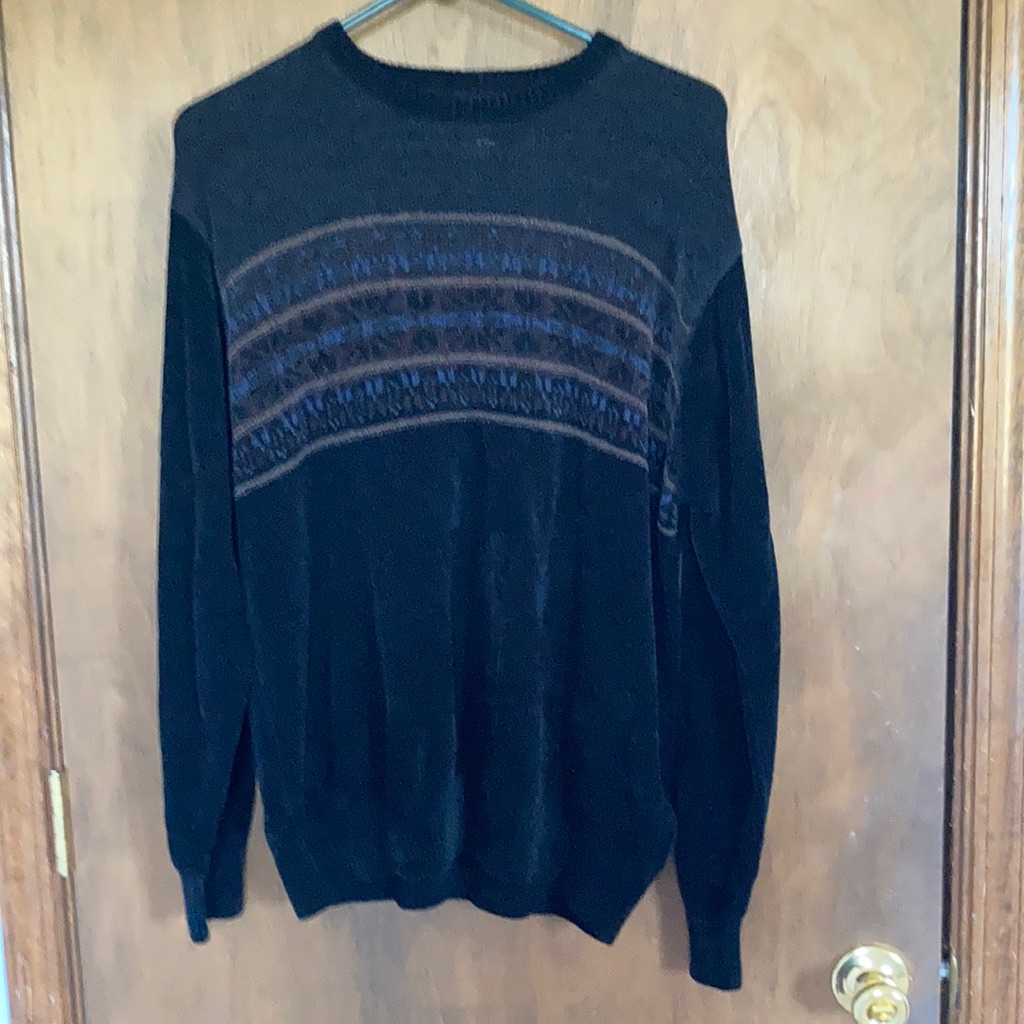 Vintage 90s Men’s Chenille Feel Black Sweater With Stripe Of Pattern Across